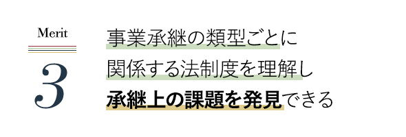 事業承継の類型ごとに関係する法制度を理解し、承継上の課題を発見できる